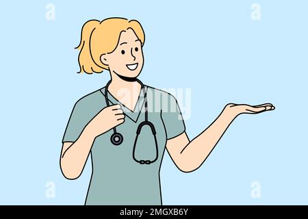 Lächelnde Krankenschwester in medizinischer Uniform zeigen gutes Angebot oder Angebot. Glückliche Ärztin oder Hausarzt empfehlen Verkauf oder Beförderung. Medizin und Gesundheitswesen. Vektordarstellung. Stock Vektor