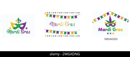 Mardi Gras lila und grüner Text mit Maskenmaske und Fleurs-de-Lis, Mardi Gras Bunting Hintergrund mit Konfetti Stars, Mardigras Poster für Party Stock Vektor