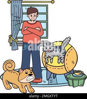 Handgezeichneter Besitzer wütend auf unartige Hunde und Katzen Illustration im Doodle-Stil isoliert im Hintergrund Stock Vektor