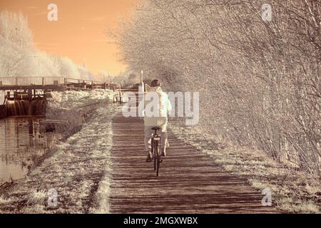 Infrarotbilder von Radfahrern in unechten Farben auf dem Forth und dem clyde Canal Tow Path in Clydebank Stockfoto