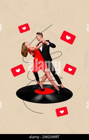 3D Retro Abstraktes kreatives Kunstwerk Vorlage Collage mit tanzenden jungen Paar Anzug Tango Vinyl Retro Recorder Heart Love Icons Stockfoto