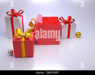 Abbildung der Geschenkboxen in Full 4K HD. Geschenkboxen für Weihnachten, Party und Überraschungen. Stockfoto