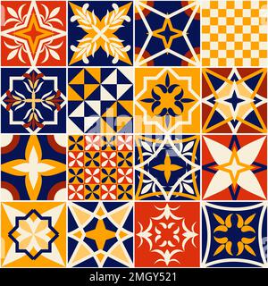 Farbenfrohes Fliesendesign im Talavera-Stil. Mexikanisches oder spanisches Keramikfliesenset mit verschiedenen Ornamenten. Nahtloses Muster. Stock Vektor