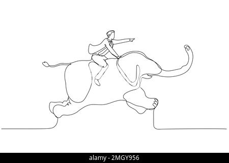 Cartoon eines Geschäftsmannes, der auf dem Elefantenkonzept einer grossen Geschäftsorganisation reitet. Einzeiliger Kunststil Stock Vektor