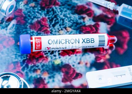 Reagenzglas mit der Kennzeichnung „OMICRON XBB Variant Test positive“ Stockfoto