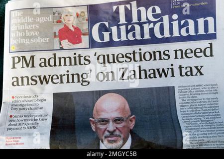 „PM gibt zu, dass Fragen beantwortet werden müssen“ zur Zahawi-Steuer Guardian Schlagzeile der Zeitung MP Nadim Zahawi HMRC Steuerstrafe Artikel 24. Januar 2023 London UK Stockfoto