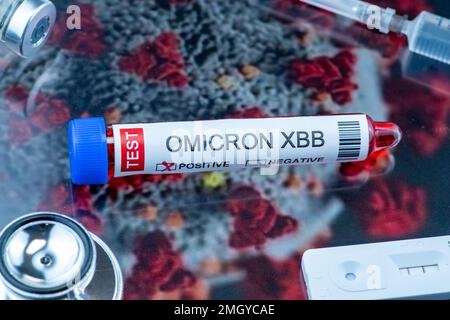 Reagenzglas mit der Kennzeichnung „OMICRON XBB Variant Test positive“ Stockfoto