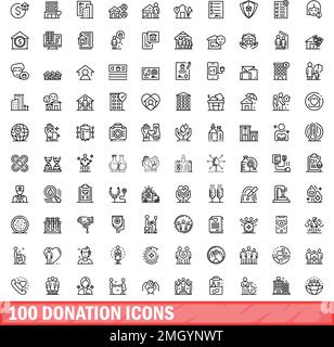100 Symbole für Spenden festgelegt. Gliederungsdarstellung der 100-Spendensymbole Vektorsatz isoliert auf weißem Hintergrund Stock Vektor