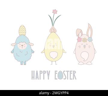 Süße ostertiere Baby lustige Vektorbilder. Küken, Häschen, Lamm in Pastellfarbe für Karte, Banner. Stock Vektor