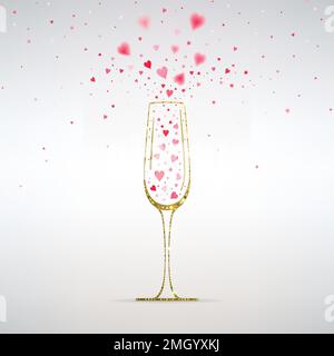 goldenes Glas Champagner mit Feuerwerk mit roten Herzen auf hellem Hintergrund Stock Vektor