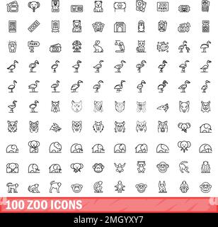 100 Zoosymbole eingestellt. Umrissdarstellung von 100 Zoosymbolen, Vektorsatz isoliert auf weißem Hintergrund Stock Vektor