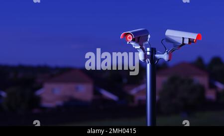 Überwachungskameras in einem öffentlichen Raum einer Wohngegend bei Nacht. Digitales 3D-Rendering. Stockfoto