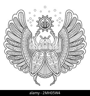 Stilisierter Scarab-Käfer. Darstellung des handgezeichneten schwarzen Konturvektors der Skizze. Für Anti-Stress-Farbseiten für Erwachsene, Druck, Design, Dekor, T-Shirt, Emblem Stock Vektor