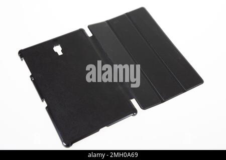 Tablet-Abdeckung offenes Gehäuse leerer Computerschutz isoliert auf weißem Hintergrund Stockfoto