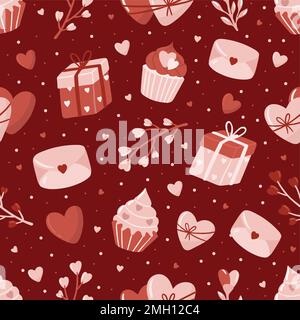 Valentinstag. Love Concept niedliche Vektordarstellung Nahtloses Muster mit Herzen, Liebe, Blumen, Umschlag, Pfeilen, eine tasse Kaffee und Cupcakes. Stock Vektor