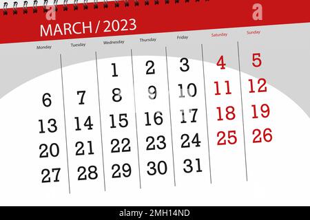 Kalender 2023, Frist, Tag, Monat, Seite, Organisator, Datum, märz. Stockfoto