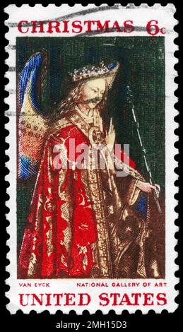 USA - CA. 1968: Ein in den USA gedruckter Stempel zeigt eine Gabriel aus der "Verkündigung" des flämischen Künstlers Jan van Eyck (1395-1441), National Gallery of Stockfoto