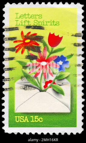 USA - CIRCA 1980: Ein in den USA gedruckter Stempel zeigt die Letters Lift Spirits, Letter Writing Series, circa 1980 Stockfoto