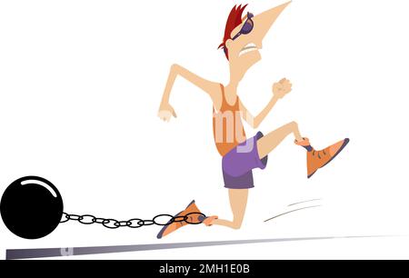 Harter Läufer. Cartoon-Laufmann mit einem schweren, an der Kette mit seinem Bein verbunden. Isoliert auf weißem Hintergrund Stock Vektor