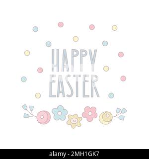 Einfaches Osterposter mit Blumen, Punkten im Hintergrund, Begrüßung. Vektordarstellung im Vintage-Stil. Stock Vektor