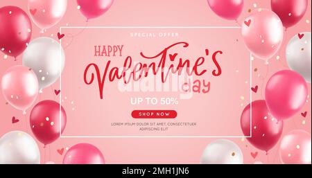 Banner zum Valentinstag mit 3D Ballons, realistisch pinkfarbenen und roten Luftballons, handgezeichnete Kalligraphie auf pinkfarbenem Hintergrund, Vektordarstellung Stock Vektor