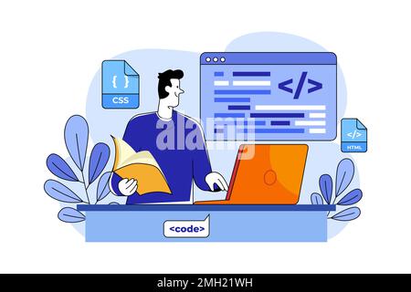 Ein Vektor eines jungen Programmierers, der auf dem Laptop kodiert Stock Vektor