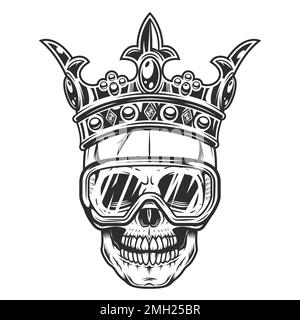 Bauarbeiter Schädelbauer mit Kronenkönig und Schutzbrille in klassischer monochromer isolierter Vektordarstellung Stock Vektor
