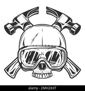 Der Baufachbauer hat die Hämmer aus dem Neubau- und Umbauhaus mit einem halben Schädel und einer Schutzbrille in einer monochromen Vintage-Illustration gekreuzt Stock Vektor