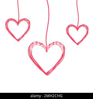 Verworrene Herzen, die an einer Schnur hängen, von Hand gezeichnet, mit dünner Linie, Trennlinie. Isoliert auf weißem Hintergrund. Vektordarstellung Stock Vektor