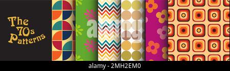 Kollektion im Stil der 70er Jahre mit nahtlosen Mustern, Boogie Decade, Retro-Grafiken, Vintage-Set aus Textilien für Bekleidung, Modedesigns. Stock Vektor