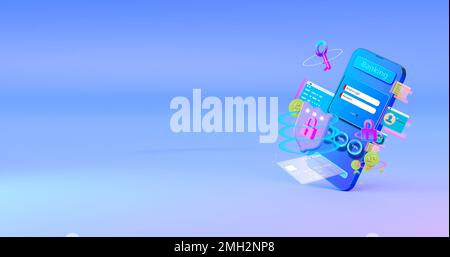 Smartphone-Online-Banking, Anmeldung, Schutz, das Konzept eines intelligenten 3D-Renderings Stockfoto