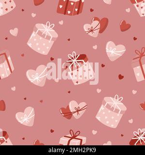 Valentinstag. Love Concept niedliche Vektordarstellung Nahtloses Muster mit Herzen, Liebe, Blumen, Umschlag, Pfeilen, eine tasse Kaffee und Cupcakes. Stock Vektor