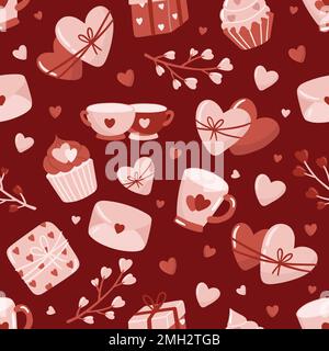 Valentinstag. Love Concept niedliche Vektordarstellung Nahtloses Muster mit Herzen, Liebe, Blumen, Umschlag, Pfeilen, eine tasse Kaffee und Cupcakes. Stock Vektor