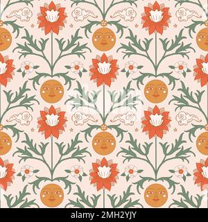 Geblümtes Retro-Boho-Muster. Blumenkraft. Hippie-Muster der sechziger Jahre. Sommerblumen-Muster. Boho-Design. Stock Vektor