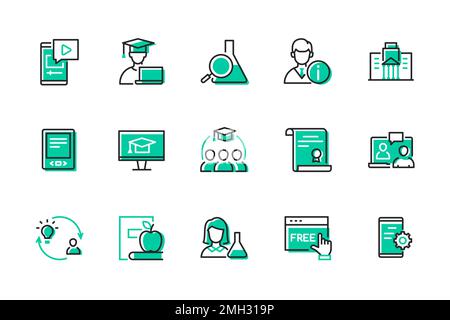 Graduierung und Universität – eine Reihe von Symbolen im Liniendesign Stock Vektor