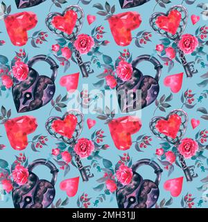 Nahtloses Muster auf blauem Hintergrund aus der Valentinstagskollektion. Ein Schloss und ein Schlüssel mit Herzform, roter Herzdiamant und Band. Handzeichen Stockfoto