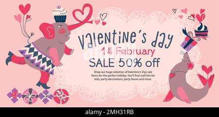 Schöner, glücklicher Valentinstag, rosa Hintergrund mit lustigen Tiergrüßen für Karte, Poster, Banner. Vektordarstellung. Stock Vektor