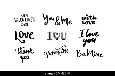 Happy Valentines Day Schriftzug, verschiedene Liebesausdrücke, handgeschriebene Kalligraphie Vektordarstellung Stock Vektor