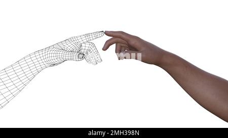 Hand und Hand Drahtmodell berühren sich mit Zeigefingern auf weißem Hintergrund. Stockfoto