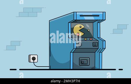 Vintage 1990er-Videospielautomat. Vektorkonsolenmonitor. Abbildung: Spielcomputer mit Wiedergabebildschirm Stock Vektor
