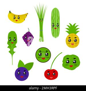 Obst und Gemüse wie Kawaii-Figuren. Obst und Gemüse sind Auberginen, Paprika, Tomaten, Trauben, Sellerie, Petersilie, Erdbeere, Karotte, Pum Stock Vektor