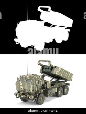 3D mlrs Himars High Mobility Artillery Raketensystem Landpachtverträge für die ukraine auf Weiß mit Alpha Stockfoto