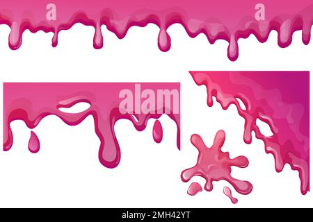 Isolieren Sie Slime Purple und Pink, Jelly Glaze mit Tropfen und Glitzer im Cartoon-Stil nahtlos auf weißem Hintergrund. Vektordarstellung Stock Vektor