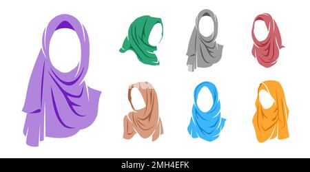 Set mit Frauen mit farbenfroher Hijab-Ikone und isoliertem Hijab-Logo Stock Vektor