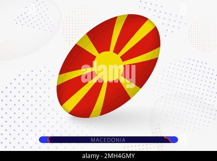 Rugby-Ball mit der Flagge Nordmazedoniens drauf. Ausrüstung für das Rugby-Team Nordmazedoniens. Vektorsport-Illustration. Stock Vektor