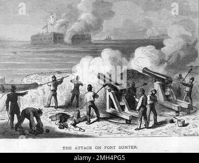 Der Angriff auf Fort Sumter. Holzgravierung von Bobbett, 1861-1865. Die Bombardierung und Gefangennahme von Fort Sumter durch die Konföderierten war die Eröffnungsschlacht im Amerikanischen Bürgerkrieg. Stockfoto