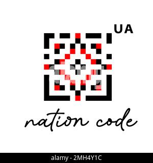 Ukrainisches Vektorpixel-Kunstmuster. Ethnisches Zeichen, Volkselement, Logo, qr-Code-Stilisierung in Rot und Schwarz. Text - Ländercode . Ukrainisch Stock Vektor