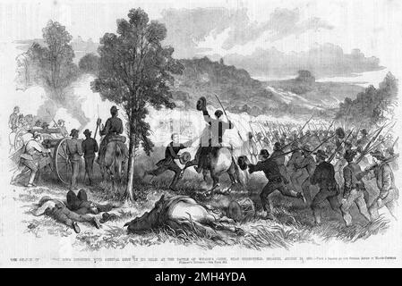 Die Schlacht von Wilson's Creek, auch bekannt als die Schlacht von Oak Hills, war eine große Schlacht in den ersten Monaten des Amerikanischen Bürgerkriegs, der am 10. August 1861 stattfand. Die Unionisten unter Nathaniel Lyon und Samuel D. Sturgis verloren an die Konföderierten unter Sterling Price und Benjamin McCulloch. General Lyon wurde während des Kampfes getötet. Sein Bild zeigt General Lyon als Anführer einer Kavallerie. Stockfoto