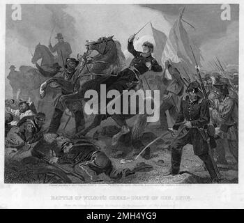 Die Schlacht von Wilson's Creek, auch bekannt als die Schlacht von Oak Hills, war eine große Schlacht in den ersten Monaten des Amerikanischen Bürgerkriegs, der am 10. August 1861 stattfand. Die Unionisy-Truppen unter Nathaniel Lyon und Samuel D. Sturgis verloren an die Konföderierten unter Sterling Price und Benjamin McCulloch. General Lyon wurde während des Kampfes getötet. Dieses Bild zeigt den Tod von Lyon während einer Kavallerie. Stockfoto