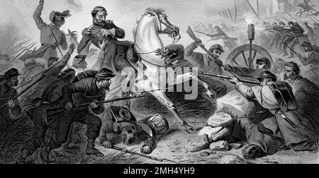 Die Schlacht von Wilson's Creek, auch bekannt als die Schlacht von Oak Hills, war eine große Schlacht in den ersten Monaten des Amerikanischen Bürgerkriegs, der am 10. August 1861 stattfand. Die Unionisy-Truppen unter Nathaniel Lyon und Samuel D. Sturgis verloren an die Konföderierten unter Sterling Price und Benjamin McCulloch. General Lyon wurde während des Kampfes getötet. Dieses Bild zeigt den Tod von Lyon während einer Kavallerie. Stockfoto